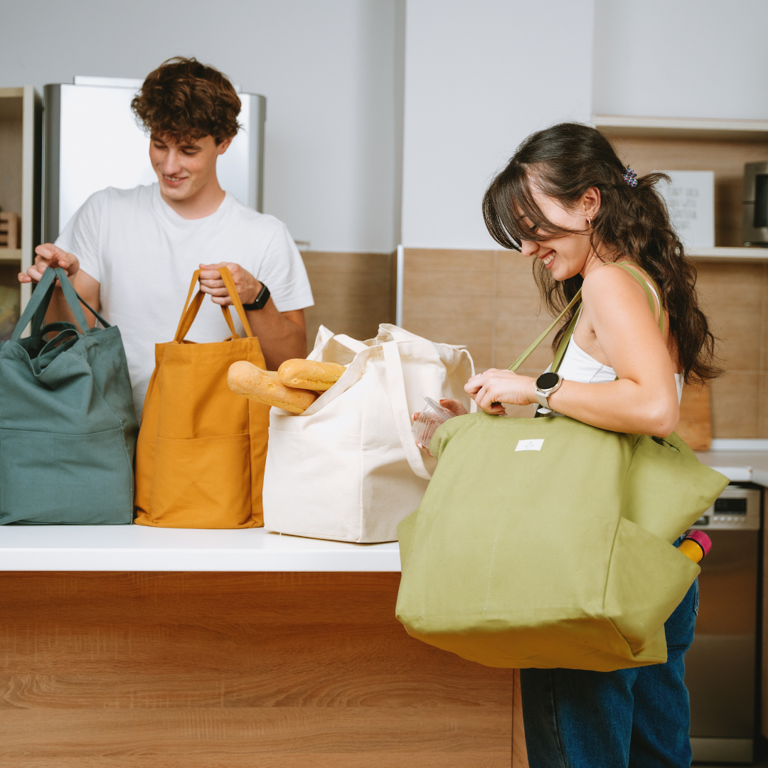 3-Pack Reusable Grocery Bags - Heavy Duty, Large 12 Oz Cotton Canvas Reusable Shopping Bags With Pockets, 100% Cotton Cloth Grocery Totes, Foldable Multi Compartment